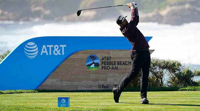 Matthieu Pavon is pictured teeing off during the 2024 AT&T Pebble Beach Pro-Am at Spyglass Hill Golf Course.